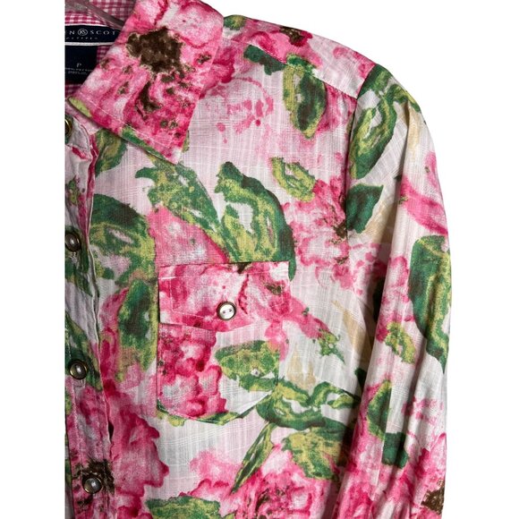 Karen Scott Petites P Floral Button-Up Shirt Pockets Flowers Cotton 3/4 Sleeves - Picture 4 of 12